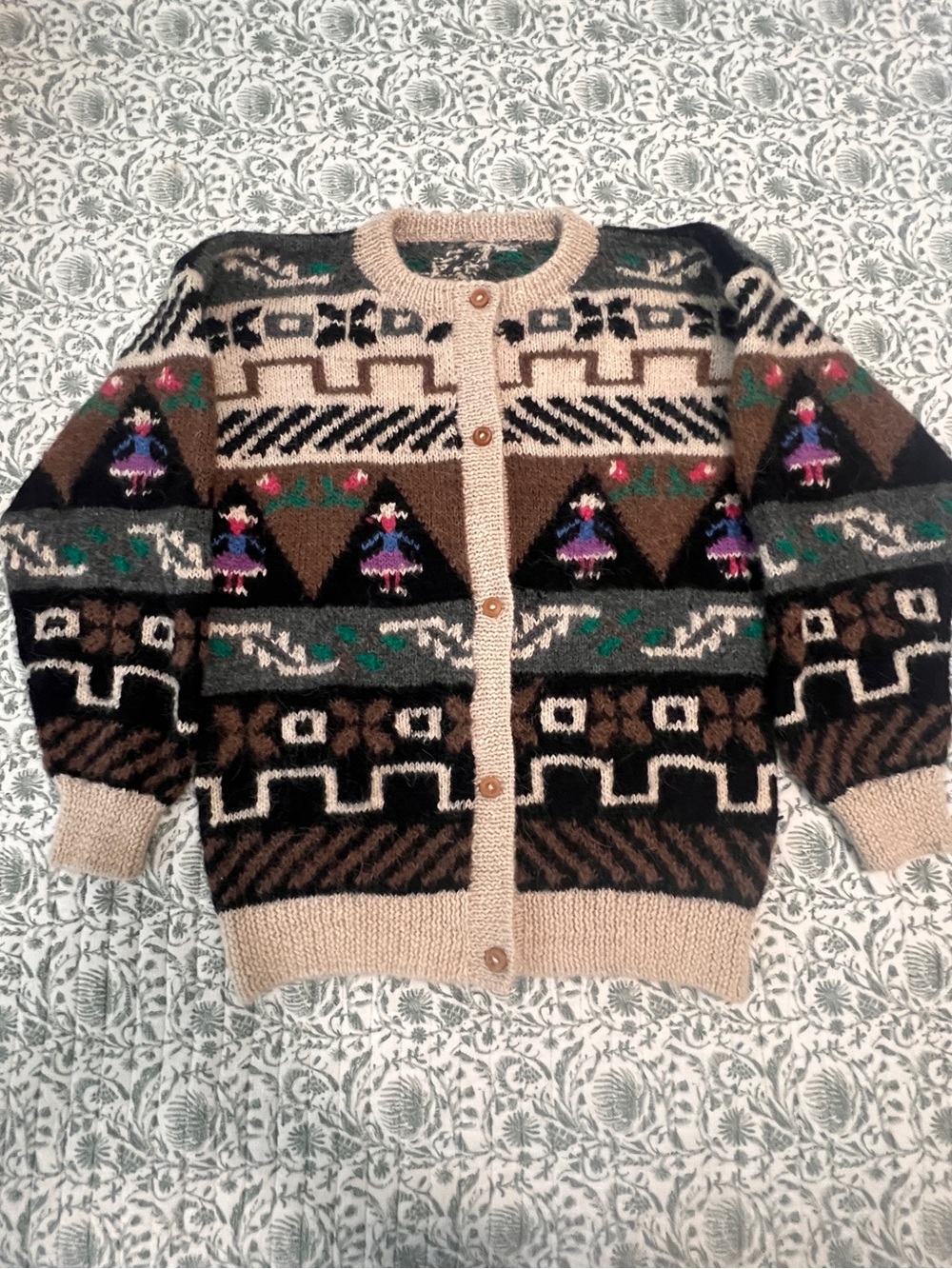 VTG Peru Alpaca Wool Cardigan Sweater Chunky Grandpacore Folk Art SIZE UNKNOWN